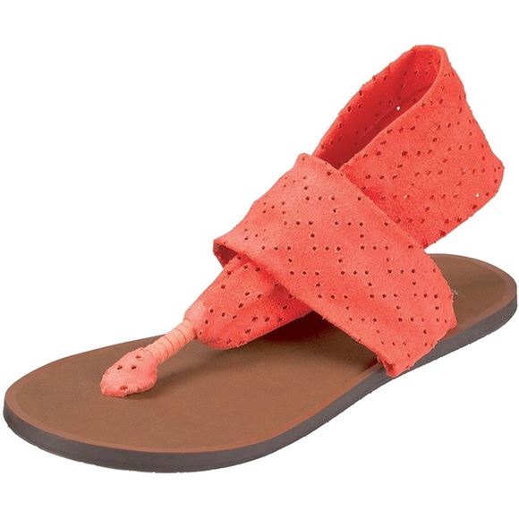 SANUK Stretchy Coral Peach Orange Leather Sling Yoga Sandals Comfy Summer Shoes - Picture 1 of 15